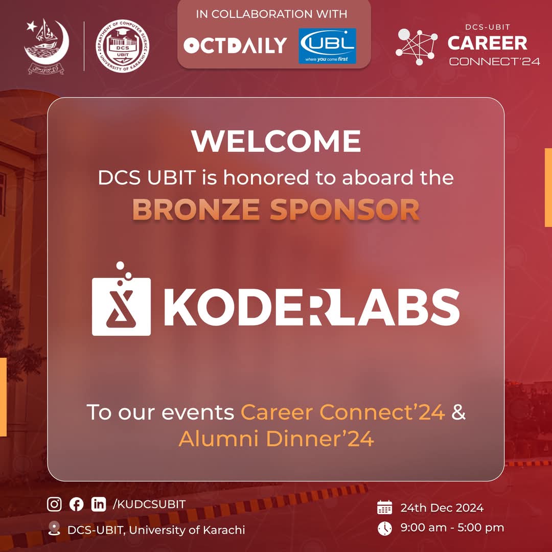 uokinfo's tweet image. We are proud to announce Koder Labs as our 𝐁𝐫𝐨𝐧𝐳𝐞 𝐒𝐩𝐨𝐧𝐬𝐨𝐫 for 𝐂𝐚𝐫𝐞𝐞𝐫 𝐂𝐨𝐧𝐧𝐞𝐜𝐭 &apos;𝟐𝟒 &amp;amp; 𝐀𝐥𝐮𝐦𝐧𝐢 𝐃𝐢𝐧𝐧𝐞𝐫&apos;𝟐𝟒 !

#KoderLabs #CareerConnect24 #DCSUBIT #UBL #OctDaily #uokinfo #KarachiUniversity #atitalbatuok #atiuokofficial #universityOfKarachi