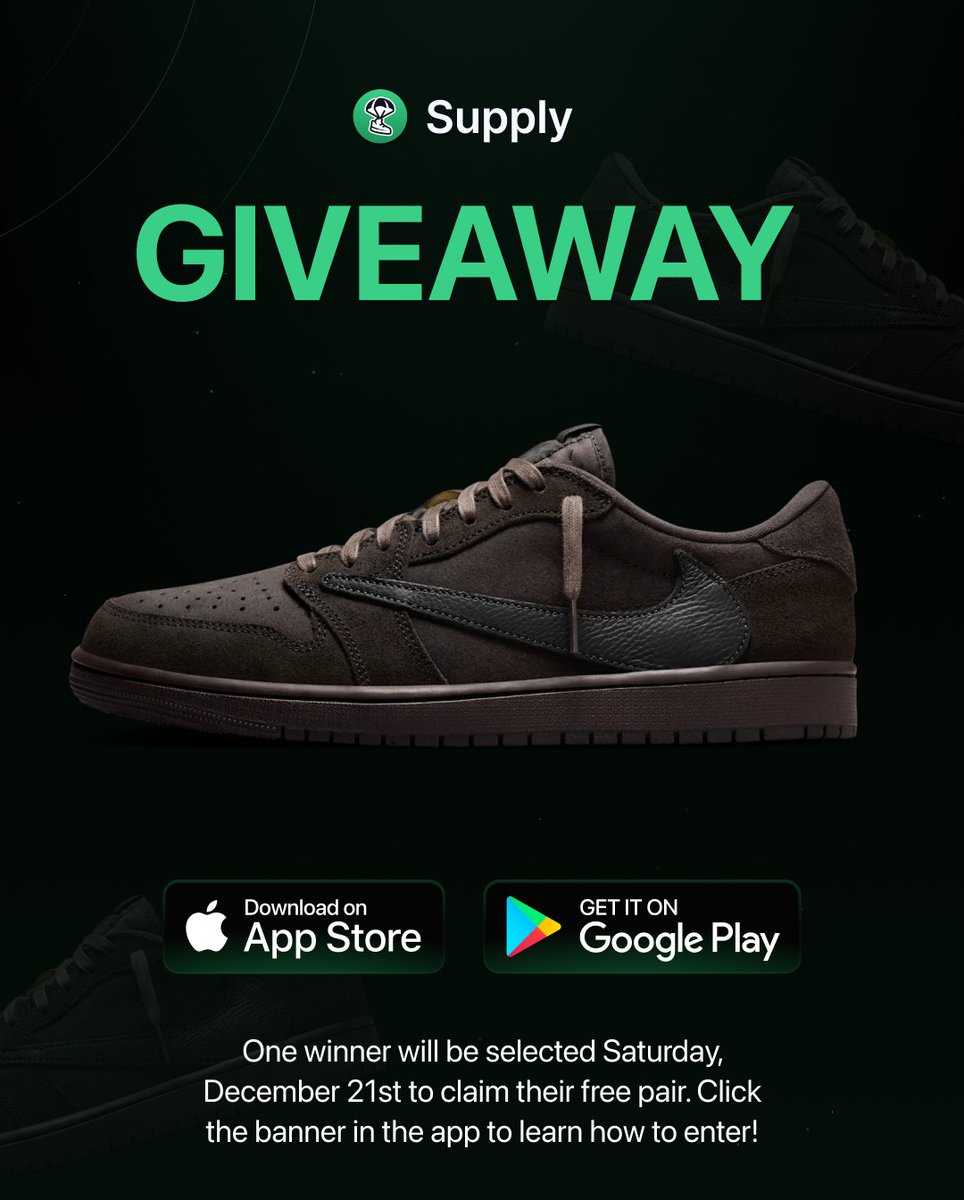 We're giving away a FREE pair of Travis Scott x Air Jordan 1 Low OG “Velvet Brown” to 1 lucky app user. 🌵   

Only Pro app users are eligible. A winner will be selected on Saturday, Dec. 21st.    

Find out how to enter on our app 📲 thesupply.app/x