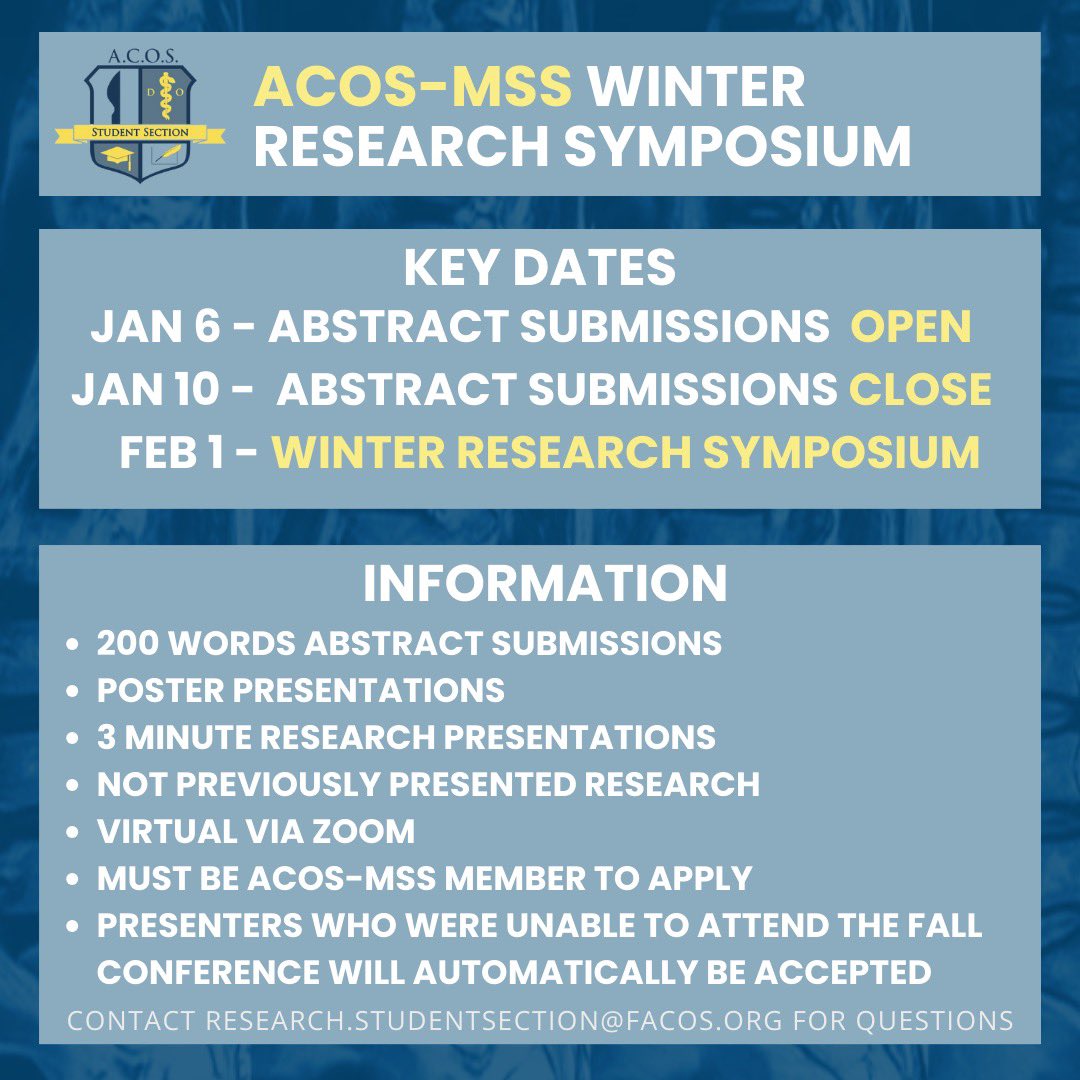 ACOS_MSS's tweet image. Save the date for our virtual Winter Research Symposium! ❄️ Stay tuned for more details to come! Abstract submissions open 1/6.