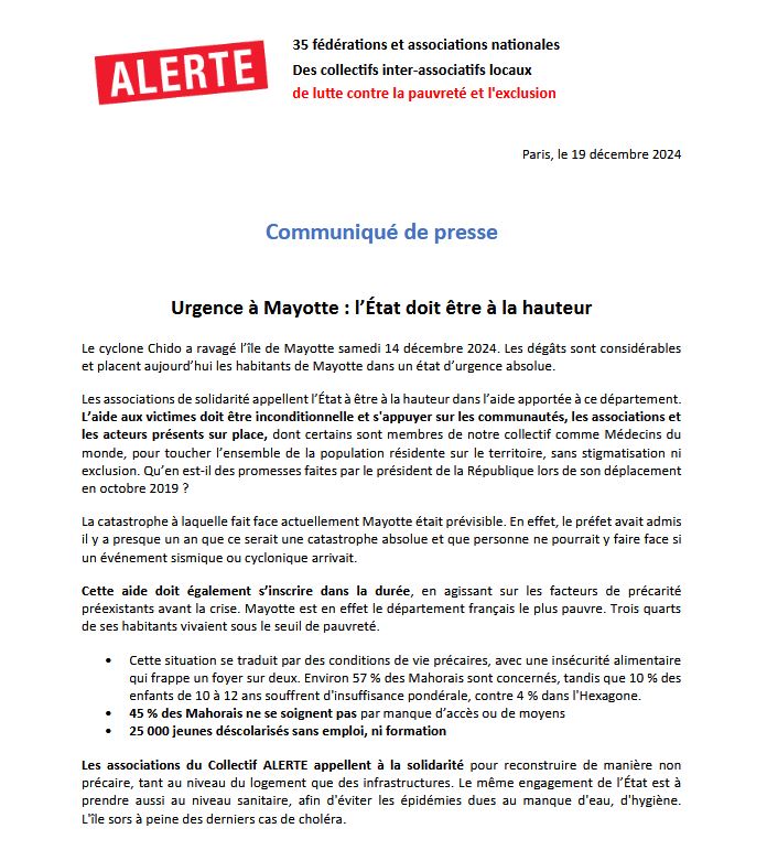 Collectif ALERTE (@collectifalerte) on Twitter photo 🚨Urgence à Mayotte : le collectif ALERTE appelle l'Etat à être à la hauteur dans l'aide apportée !
➡️Une aide qui doit être inconditionnelle, s'appuyer sur les #associations et acteurs présents sur place et s'inscrire dans la durée.
🔎#Communiqué👉 bit.ly/49MuLRy 🚨Urgence à Mayotte : le collectif ALERTE appelle l'Etat à être à la hauteur dans l'aide apportée !
➡️Une aide qui doit être inconditionnelle, s'appuyer sur les #associations et acteurs présents sur place et s'inscrire dans la durée.
🔎#Communiqué👉 bit.ly/49MuLRy