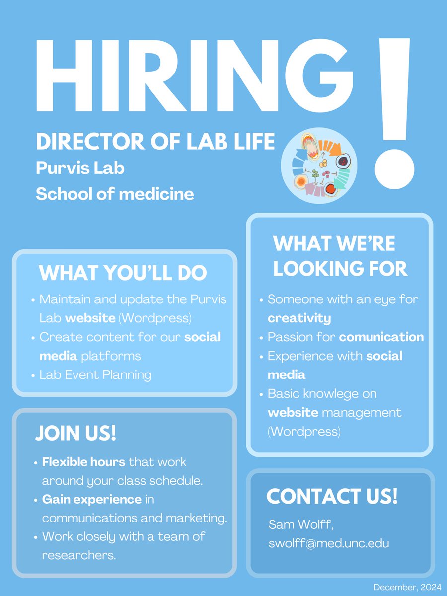 Purvis Lab (@purvislab) on Twitter photo Purvis Lab is looking for a new Director of Lab Life!🎉 This role offers flexible hours, valuable experience in communications, and the opportunity to work with a team of researchers. For more details, check out the attached poster and contact Sam Wolff at swolff@med.unc.edu. Purvis Lab is looking for a new Director of Lab Life!🎉 This role offers flexible hours, valuable experience in communications, and the opportunity to work with a team of researchers. For more details, check out the attached poster and contact Sam Wolff at swolff@med.unc.edu.