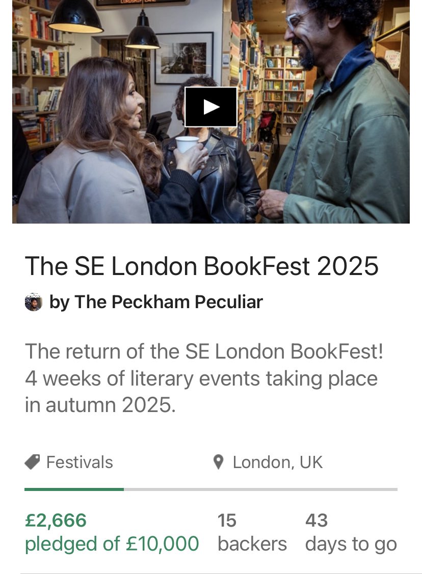 THE SE LONDON BOOKFEST (@selbookfest) on Twitter photo The <a href="/selbookfest/">THE SE LONDON BOOKFEST</a> is almost 27% of the way to our crowdfunding target with 43
days to go! If you make a pledge, you won’t be charged until the beginning of February 2025! Back us now: tiny.cc/selfunding The <a href="/selbookfest/">THE SE LONDON BOOKFEST</a> is almost 27% of the way to our crowdfunding target with 43
days to go! If you make a pledge, you won’t be charged until the beginning of February 2025! Back us now: tiny.cc/selfunding