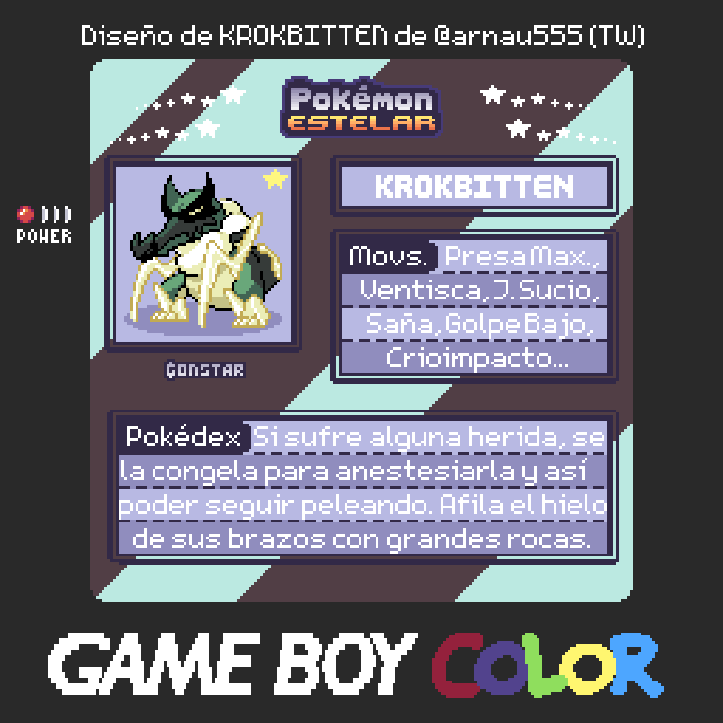 Krokbitten, el Pkmn Insensible de tipo Hielo/Siniestro.

Es un agresivo cazador que se mueve veloz por la nieve, insensible al frío o al dolor.

Cuando pierde miembros en sus peleas los sustituye por prótesis de hielo, más ligeras y resistentes.

Obra maestra de <a href="/arnau555/">Arnau 🇵🇸</a>