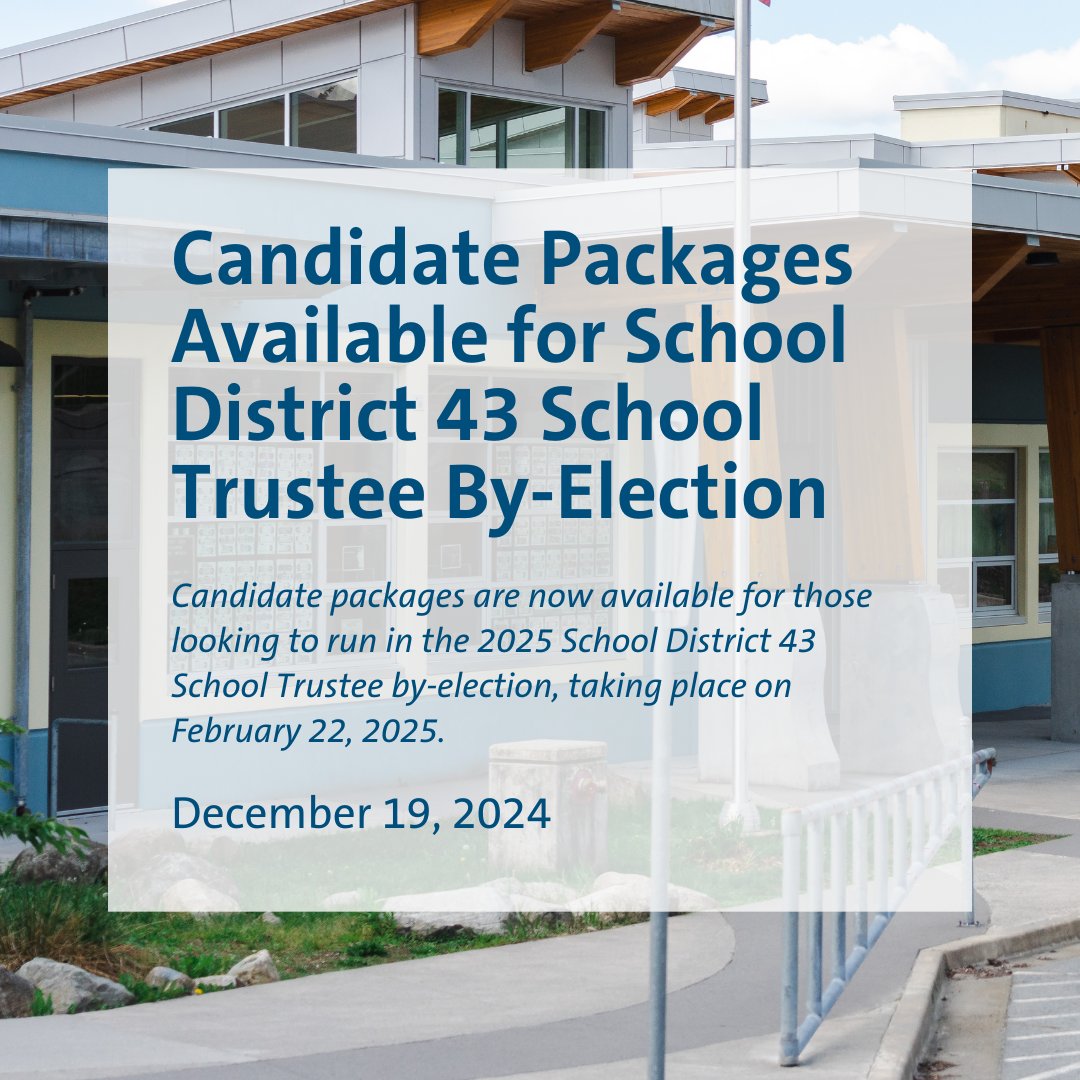 City of Coquitlam (@cityofcoquitlam) on Twitter photo Candidate packages are now available for those looking to run in the 2025 School District 43 School Trustee by-election, taking place on February 22, 2025. Nominations must be submitted between January 7 – 17, 2025.
To learn more, visit ow.ly/9WpJ50Uuk6t
<a href="/sd43bc/">School District 43</a> Candidate packages are now available for those looking to run in the 2025 School District 43 School Trustee by-election, taking place on February 22, 2025. Nominations must be submitted between January 7 – 17, 2025.
To learn more, visit ow.ly/9WpJ50Uuk6t
<a href="/sd43bc/">School District 43</a>