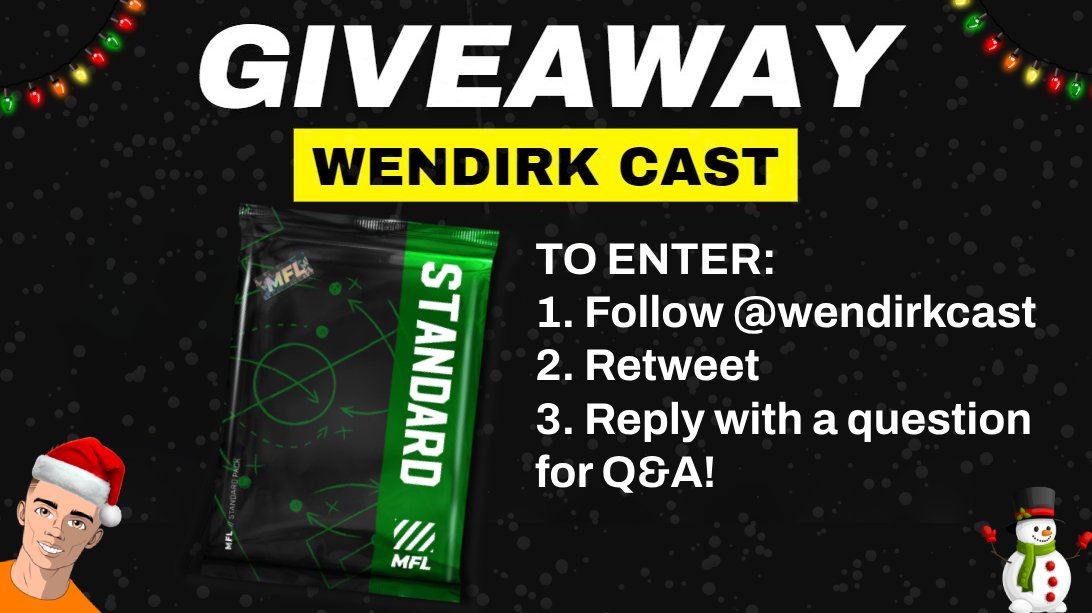 WenDirkCast (@wendirkcast) on Twitter photo 🎁STANDARD PACK GIVEAWAY🎁
Win a standard pack in the WenDirkCast Winter Q&A!🎄❄️☃️
To enter:
1⃣Follow <a href="/WenDirkCast/">WenDirkCast</a>🎙️
2⃣Retweet🔄
3⃣Reply with a question for our Q&A!🤔
The deadline for entries is Sunday 22nd December, the winner will be revealed on Monday 30th when the 🎁STANDARD PACK GIVEAWAY🎁
Win a standard pack in the WenDirkCast Winter Q&A!🎄❄️☃️
To enter:
1⃣Follow <a href="/WenDirkCast/">WenDirkCast</a>🎙️
2⃣Retweet🔄
3⃣Reply with a question for our Q&A!🤔
The deadline for entries is Sunday 22nd December, the winner will be revealed on Monday 30th when the