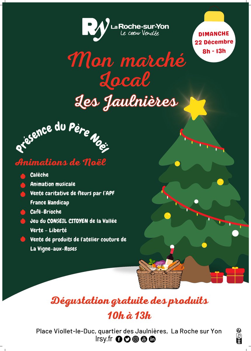 ❄️🛷 N'oubliez pas, APF France handicap 85 participe au Marché de Noël des Jaulnières🎄🎁
Retrouvez-nous :
📆 ce 22/12
⏰de 9h à 13h
📍place Viollet le Duc 85000 LA ROCHE-SUR-YON
Venez nombreux pour découvrir nos magnifiques créations florales et partager un moment convivial😄