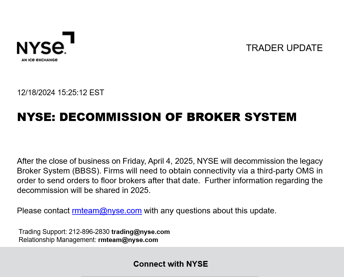 _TimQuast's tweet photo. This (image) from @NYSE today. End of the Broker Booth Support System (BBSS) connecting brokers to the floor. Now you'll need an Order Mgmt System. The market runs on OMS, EMS, a key reason #issuers should dramatically shorten machine-readable earnings releases. https://t.co/ai3Wllb7FO
