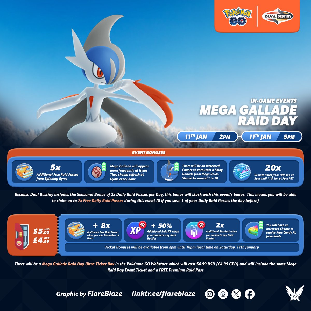 FlareblazeA's tweet photo. The Blade Pokémon #MegaGallade will be the featured Pokémon in January's Raid Day Event 🗡️

🗓️ Sat 11th January from 2pm - 5pm Local 

🎫 5x Additional Free Daily Raid Passes (for a total of 7)
✨ Increased Chance to encounter a Shiny Gallade 
🎟️ Paid Event Ticket for additional Raid Passes & other Raid bonuses

#PokemonGO #PokemonGORaidDay