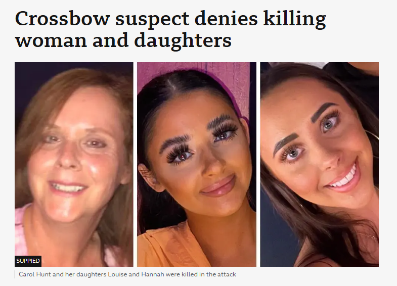 David_Challen's tweet photo. Kyle Clifford, 26, has denied murdering Carol Hunt, 61, and her daughters Hannah, 28, and Louise, 25, in a crossbow and knife attack. 

Clifford faces charges of murder, false imprisonment, and rape. 

The trial is set for March.
➡️ https://t.co/cq38tzRBI8 https://t.co/pfHONFOUCM