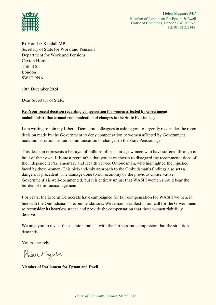 helenmaguiremp's tweet photo. I’ve written to the SoS for DWP urging the Govt to rethink its decision denying compensation to #waspiwomen. Ignoring the Ombudsman’s findings hurts those who’ve already suffered through no fault of their own. Let's not betray these women further. #FairPensions #JusticeForWomen https://t.co/bjVPQkheKm