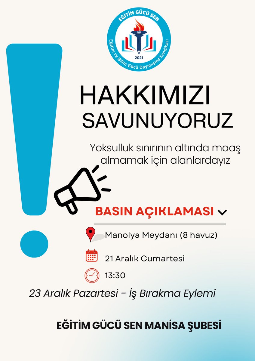 Eğitimde kalite ancak adil ücretle mümkündür. Öğretmenler ve eğitim çalışanları insanca yaşam hakkı talep ediyor. 21 Aralık’ta Ankara Ulus Zafer Anıtı’nda basın açıklaması, 23 Aralık’ta iş bırakıyoruz. <a href="/RTErdogan/">Recep Tayyip Erdoğan</a> <a href="/memetsimsek/">Mehmet Simsek</a> <a href="/Yusuf__Tekin/">Yusuf Tekin</a> #EgitimciyeMaasZammı
