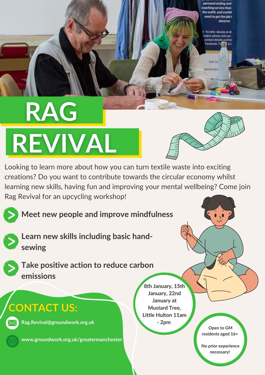 Mustard Tree (@mustardtreemcr) on Twitter photo New Rag Revival Workshops Confirmed for January 2025 at <a href="/MustardTreeMCR/">Mustard Tree</a> #Ancoats and #LittleHulton
Facilitated by the <a href="/groundworkuk/">Groundwork UK</a> team.
mustardtree.org.uk/2024/12/19/new… New Rag Revival Workshops Confirmed for January 2025 at <a href="/MustardTreeMCR/">Mustard Tree</a> #Ancoats and #LittleHulton
Facilitated by the <a href="/groundworkuk/">Groundwork UK</a> team.
mustardtree.org.uk/2024/12/19/new…