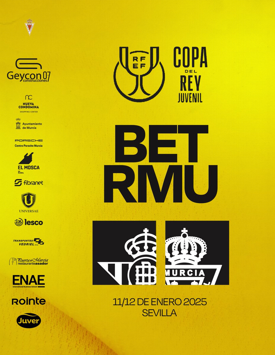JUVENIL DH REAL MURCIA | 
🏆 ¡𝐒𝐎𝐌𝐎𝐒 𝐄𝐐𝐔𝐈𝐏𝐎 𝐃𝐄 𝐂𝐎𝐏𝐀 𝐃𝐄𝐋 𝐑𝐄𝐘!

🤩 ¡Ya conocemos nuestro rival en 1/16 de final!
🆚 <a href="/RBetisCantera/">Real Betis Cantera</a> 
🗓️ 11 o 12 de enero 

🔙 ¡Más de 20 años después el Juvenil A del Real Murcia volverá a jugar la Copa del Rey!
#CanteraGrana