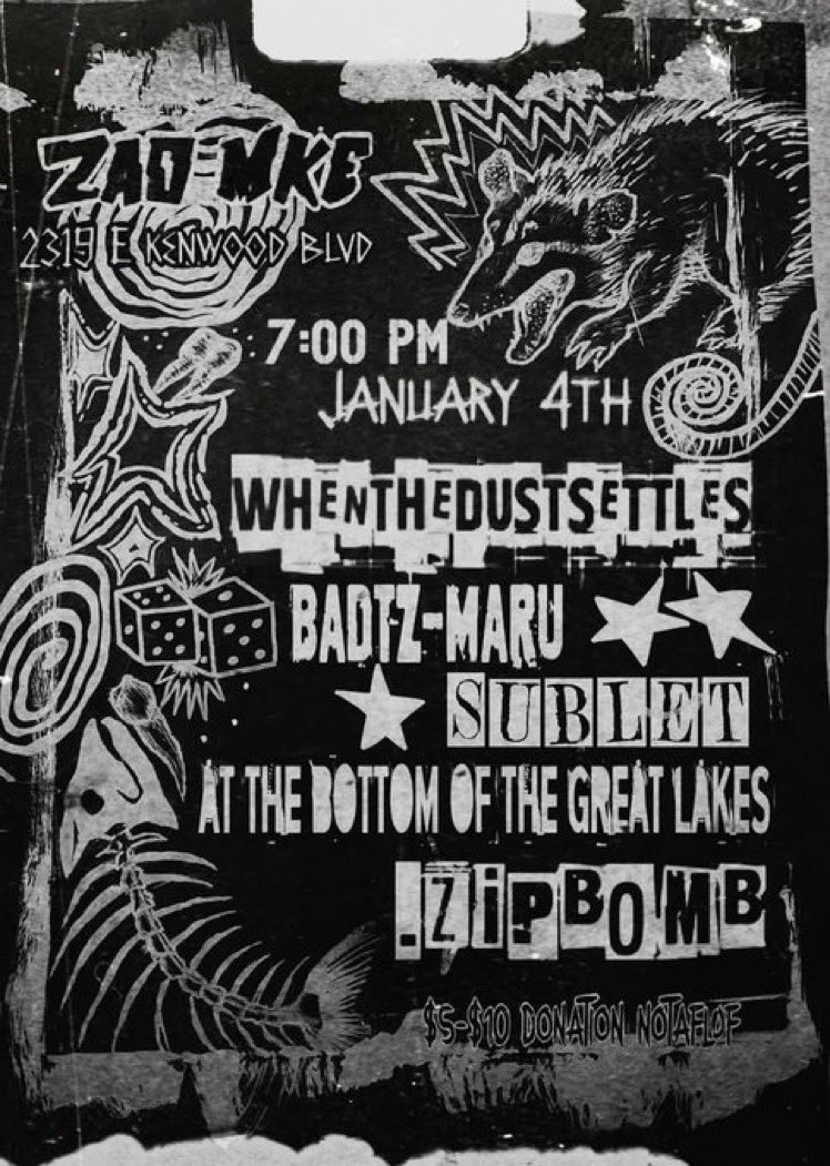 devotionbooking's tweet photo. Excited to announce that we have a new(er) DIY spot on the upper east side of Milwaukee! Featuring ATBOTGL and .zipbomb from Madison!

All ages - 7PM - January 4th

$5-10 or PWYC https://t.co/dPhIRifNFH