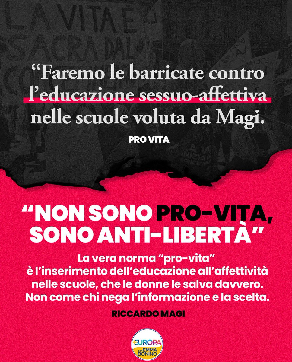 Piu_Europa's tweet photo. L’opposizione dei pro-vita allo stanziamento di fondi in manovra ottenuto grazie a un emendamento di +Europa per istituire lezioni di educazione sessuale e affettiva nelle scuole italiane, al fine di prevenire la violenza di genere, femminicidi e anche per contrastare il dilagare di malattie sessualmente trasmissibili tra i giovani conferma che più che “pro-vita” sono “anti-libertà”.

Una levata di scudi totalmente infondata quella dei movimenti pro-vita che ormai vedono il gender ovunque, il trans-femminismo ovunque, l’isteria anti abortista ovunque: una vera e propria ossessione oscurantista che rasenta anche un po’ il ridicolo.

Forse partecipare ad un corso sull’educazione sesso-affettiva farebbe bene anche a loro, di certo imparerebbero che la prevenzione e il rispetto possono salvare davvero la vita delle donne.