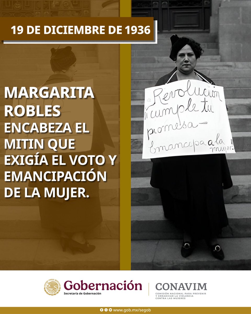 #UnDíaComoHoy de 1936, un grupo de mujeres encabezadas por la escritora, periodista y oradora Margarita Robles, se apostaron afuera de la Cámara de Diputados, de la Cámara de Senadores y del Partido Nacional Revolucionario, para exigir la emancipación y el voto femenino.