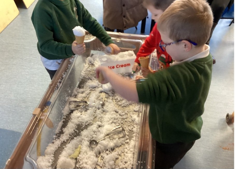 Snow ice cream sensory play was a huge success in P2 today #pbl