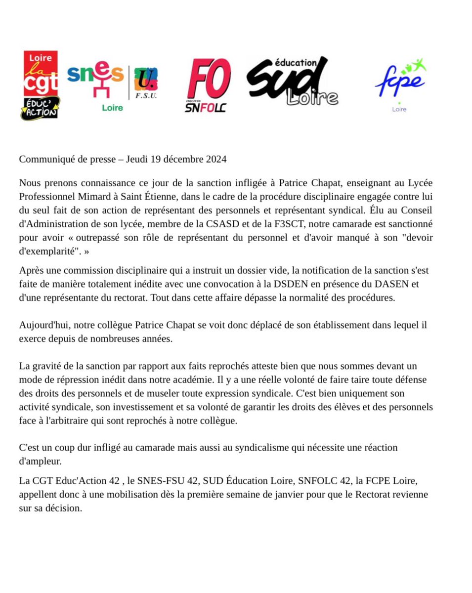 SNESLoire's tweet photo. ⚠️ RÉPRESSION SYNDICALE  : notre camarade enseignant et représentant syndical @cgteduc42 , Patrice Chapat est lourdement sanctionné par le rectorat de Lyon.

L’intersyndicale et la FCPE appellent à la mobilisation! https://t.co/4vCa5osV9r