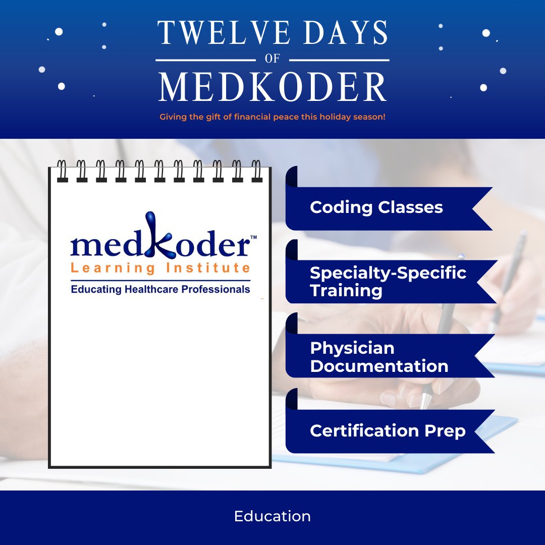 MedKoder's tweet image. On the 7th Day of MedKoder, we educate…Your Team!
From physician documentation training to certification prep, MedKoder offers flexible education services tailored to your needs. Equip your team for success in the new year!
#MedicalCoding #CodingCertification