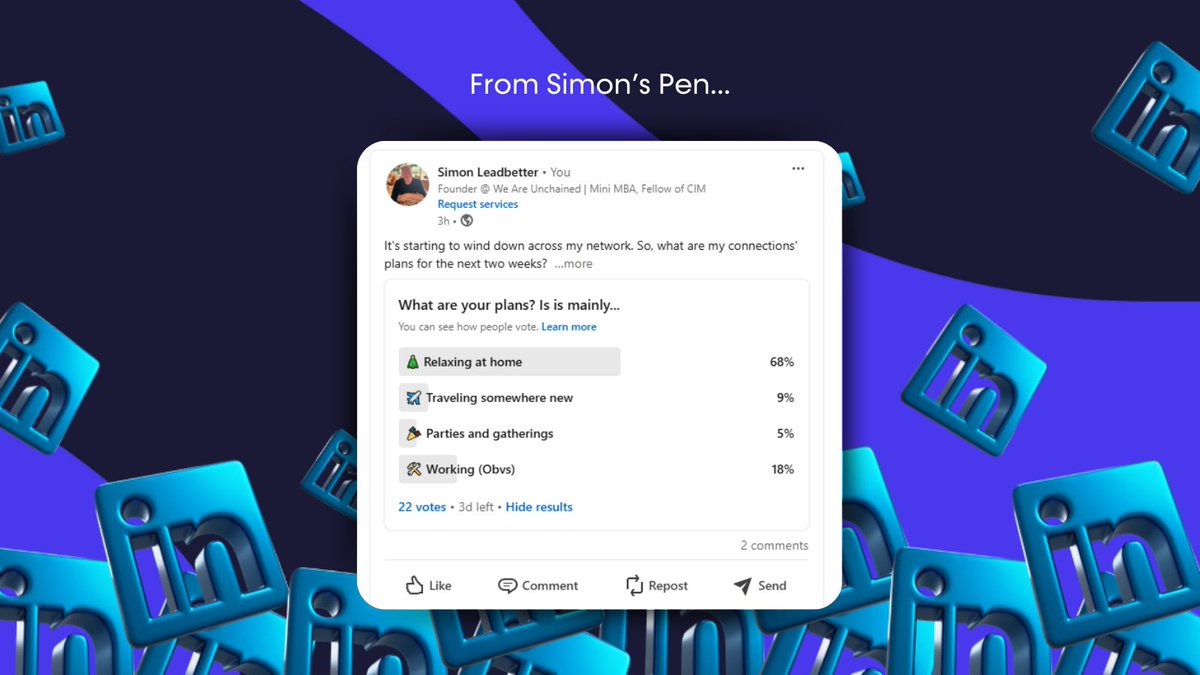 weare_unchained's tweet image. It's starting to wind down across my network. So, what are my connections' plans for the next two weeks?

🎄 Relaxing at home
✈️ Traveling somewhere new
🎉 Parties and gatherings
🛠️ Working (Obvs)

🔗: zurl.co/8ESve 

#EndOfTheYear #UnchainedSocial #UnchainedFriday