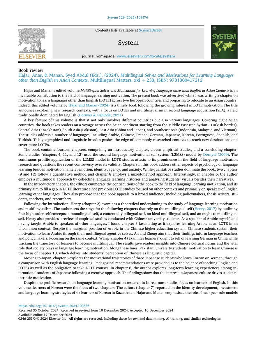 Anas Hajar (@anashajar1) on Twitter photo My heartfelt thanks to Dr. <a href="/KouraichiBochra/">Bochra Kouraichi, PhD</a> for her thoughtful review of my co-edited book with Dr. Syed Abdul Manan, titled (Multilingual Selves and Motivations for Learning Languages Other than English in Asian Contexts)
doi.org/10.1016/j.syst… My heartfelt thanks to Dr. <a href="/KouraichiBochra/">Bochra Kouraichi, PhD</a> for her thoughtful review of my co-edited book with Dr. Syed Abdul Manan, titled (Multilingual Selves and Motivations for Learning Languages Other than English in Asian Contexts)
doi.org/10.1016/j.syst…