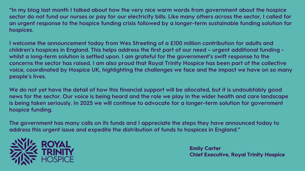 Trinity Chief Executive Emily Carter, responds to the news today that hospices in England are to receive £100m of government funding over two years to improve end of life care: royaltrinityhospice.london/news/good-news…