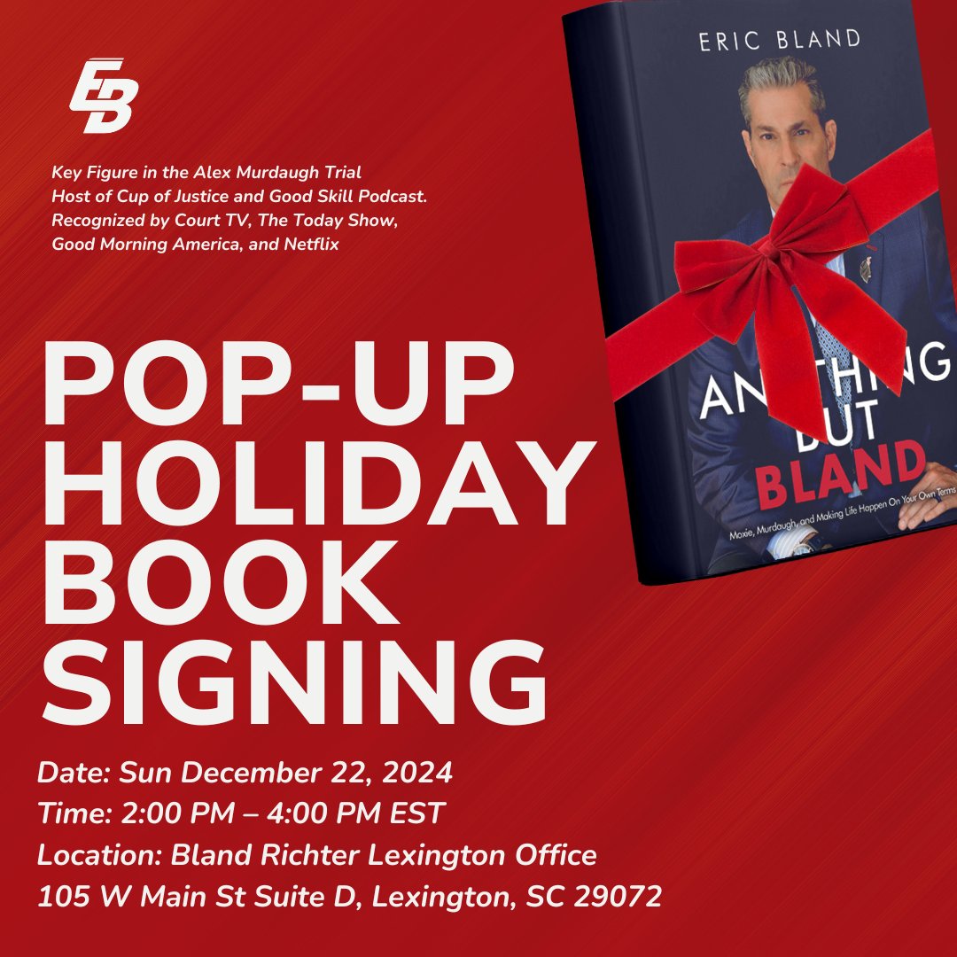 TheEricBland's tweet photo. REMINDER: Please join us on December 22 from 2-4 at the @BlandRichterSC Lexington office for a pop-up holiday book signing.
Please sign up below. We can’t wait to see you there. EB
Sign up: https://t.co/NC4H2wIc0I
#anythingbutbland #booksigning #lexingtonsc #goodskill #blandrichter