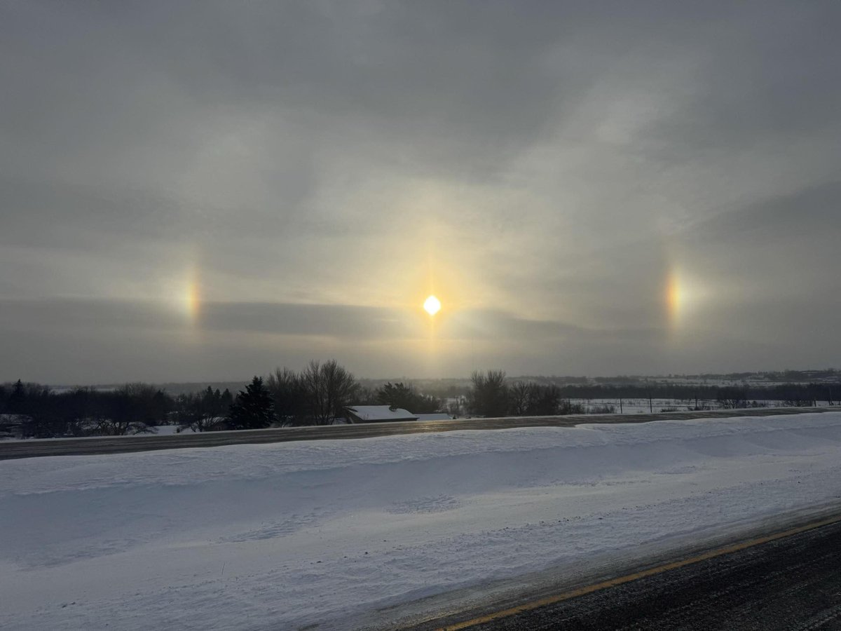 Sun dogs this morning over Minot ND after 6-8 inches of snow overnight. Photo from Cadence Bagi.