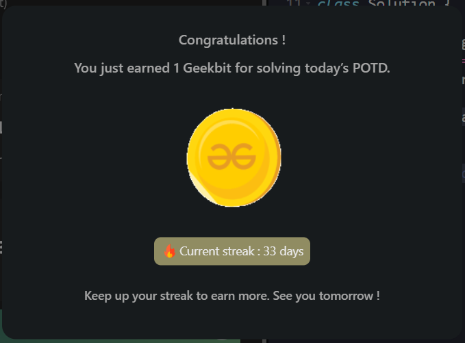 Goutam Mukherjee (@n0ob_coder) on Twitter photo #Day33 of <a href="/geeksforgeeks/">GeeksforGeeks</a> 160 days Challenge: 🚀🔥
Solved - Problem 35 #POTD: Kth Missing Positive Number in a Sorted Array✅
#geekstreak2024 #gfg160 #gfg #potd #geeksforgeeks #LearnInPublic #Day33 of <a href="/geeksforgeeks/">GeeksforGeeks</a> 160 days Challenge: 🚀🔥
Solved - Problem 35 #POTD: Kth Missing Positive Number in a Sorted Array✅
#geekstreak2024 #gfg160 #gfg #potd #geeksforgeeks #LearnInPublic