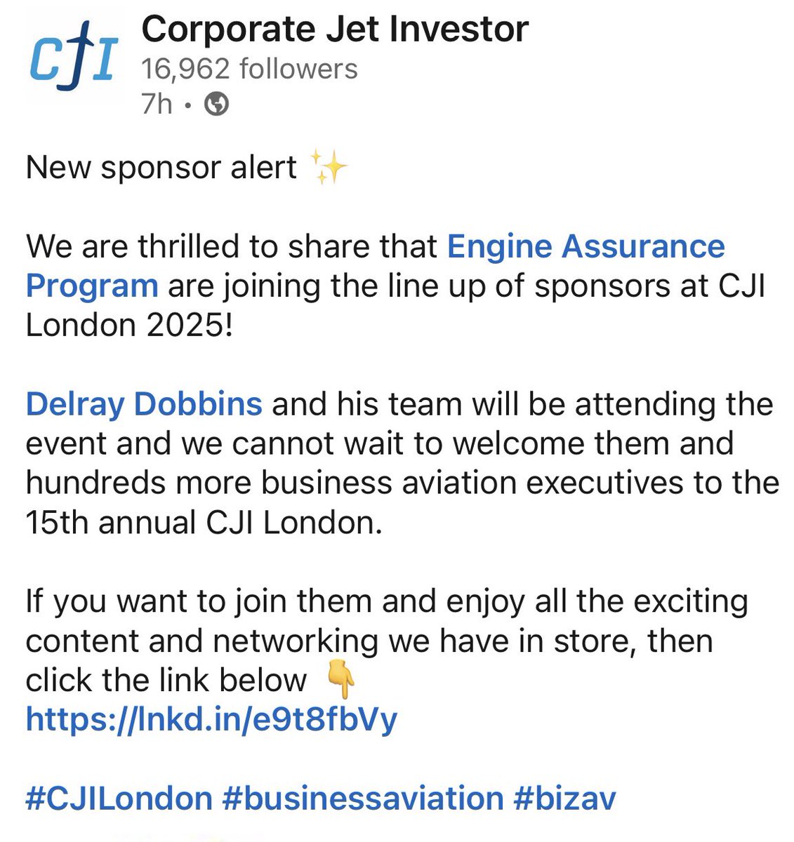 Engine Assurance Program (@eapengines) on Twitter photo This is a fantastic opportunity and we are really looking forward to it!
Come see Delray Dobbins and team at <a href="/CorpJetInvestor/">CorporateJetInvestor</a> London 2025 🛩️
#CJILondon #bizavworks #aviationpros #enginemaintenance This is a fantastic opportunity and we are really looking forward to it!
Come see Delray Dobbins and team at <a href="/CorpJetInvestor/">CorporateJetInvestor</a> London 2025 🛩️
#CJILondon #bizavworks #aviationpros #enginemaintenance