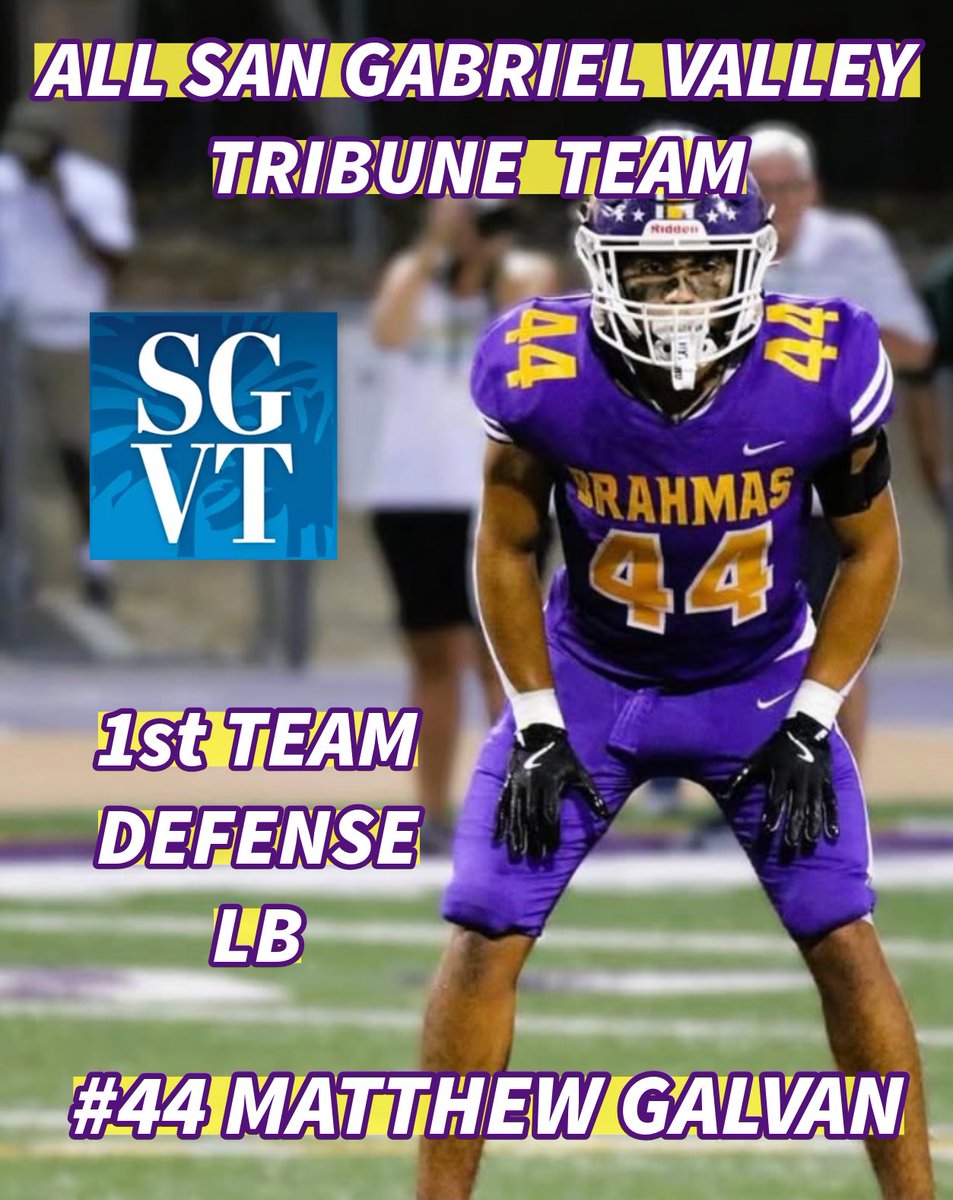 brahmafootball's tweet photo. Congrats to senior MLB @MatthewGalvan44 being named SGV All Area Team 1st Team LB. Go Brahmas 🟣🟡🤘🏾 https://t.co/onn3BsI759