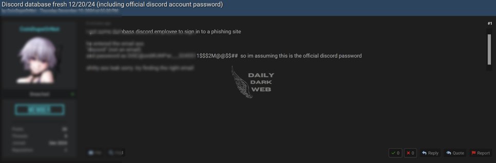 DailyDarkWeb's tweet photo. Discord Database Reportedly Leaked

A recent leak allegedly exposes a Discord database, including official Discord account passwords as of December 2024. This raises significant concerns regarding user data security and platform vulnerabilities.

https://t.co/iWIkCKGs9H

#cybersecurity #databreach #Discord #privacy #security