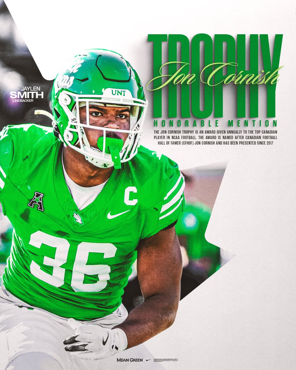 UNT Football (@meangreenfb) on Twitter photo Congratulations to <a href="/JaylenWSmith/">Jaylen Wallace Smith</a> on being named a <a href="/cornishtrophy/">The Cornish Trophy supported by Krown</a> Honorable Mention!
#GMGπ¦
| #BTB Congratulations to <a href="/JaylenWSmith/">Jaylen Wallace Smith</a> on being named a <a href="/cornishtrophy/">The Cornish Trophy supported by Krown</a> Honorable Mention!
#GMGπ¦
| #BTB