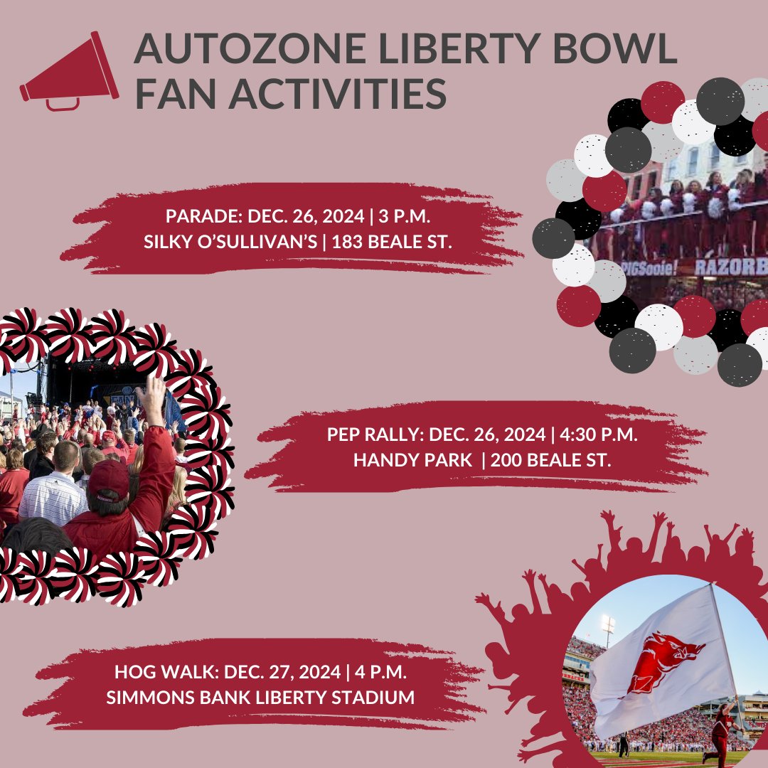 arkansasalumni's tweet image. Headed to Memphis for the Liberty Bowl? Take in all the pregame festivities before our Hogs take on the Red Raiders! #ArkansasAlumni #WPS @ArkRazorbacks @RazorbackFB