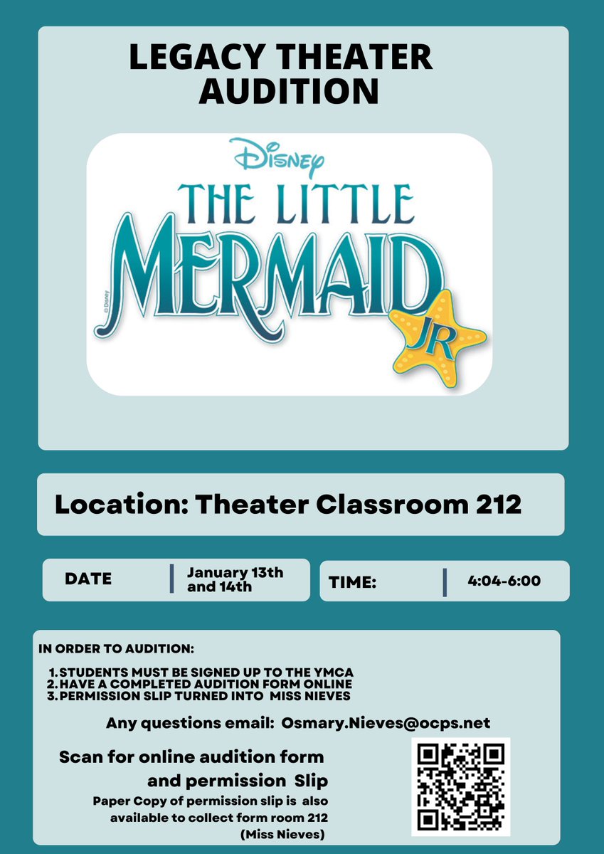 LegacyMS_OCPS's tweet image. Calling All Aspiring Actors!✨ The Little Mermaid Jr. Auditions are Coming Jan 13-14!🐠

Scan the QR code or click for more information and audition details.

#LittleMermaidJr #LegacyMiddleSchool #Auditions

Link: forms.gle/GdZw411QkTsFEL…
