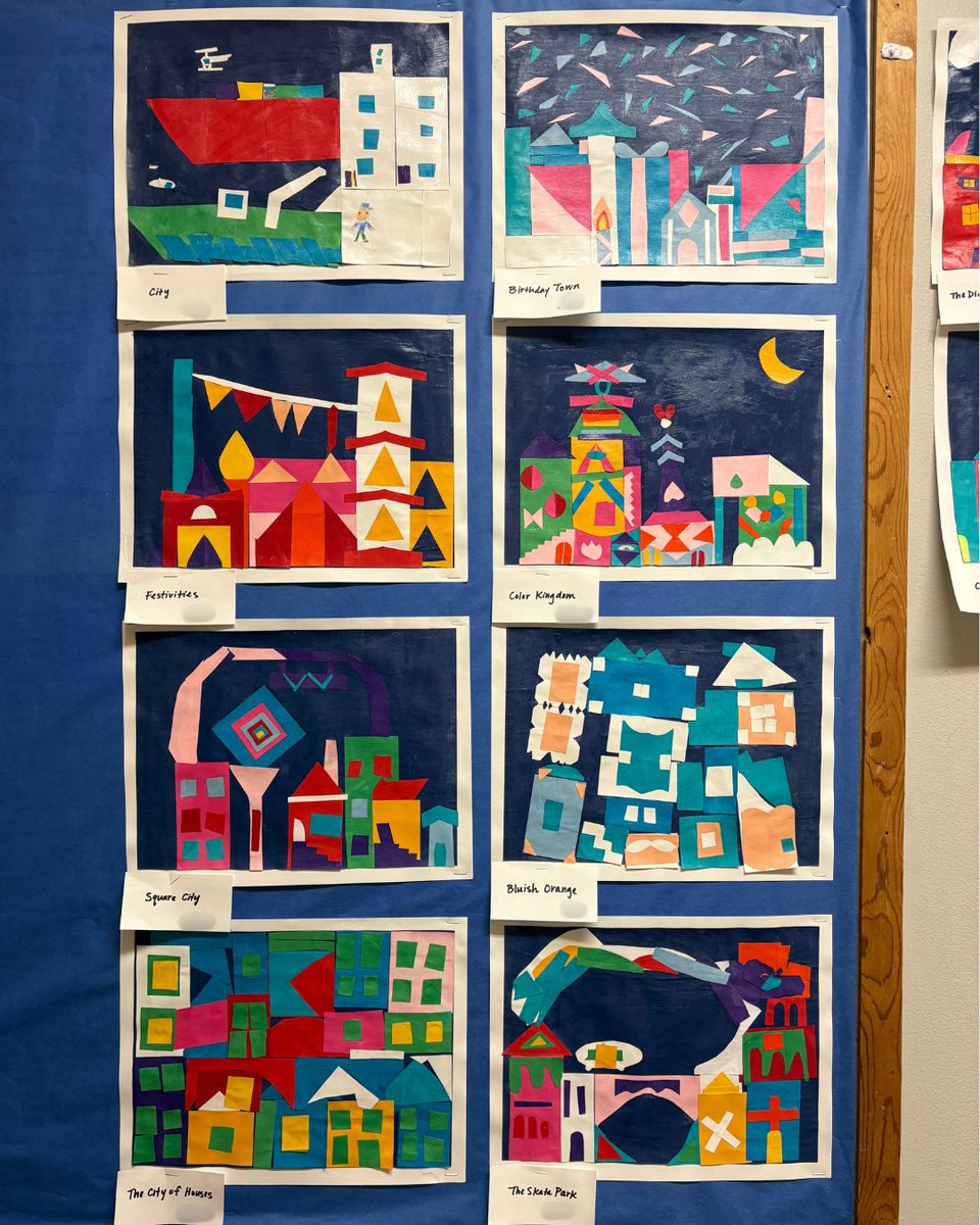 Before break, 4th Grade created collages inspired by Mary Blair. After learning about her work as a concept artist for Disney, they were challenged to move beyond using basic geometric shapes, especially when adding details such as doors, windows, and roofs. #CESRockville