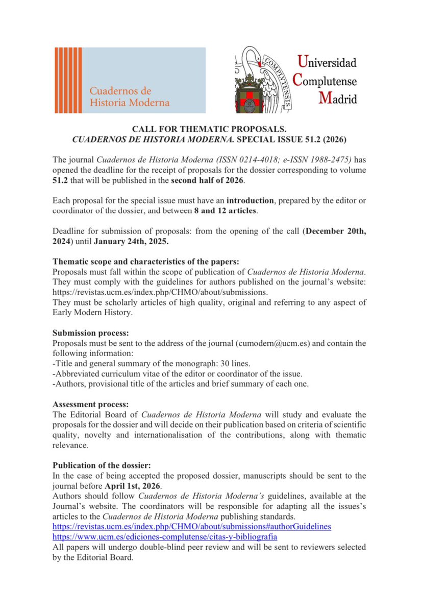 ‼️📰 CALL FOR PAPERS

Llamamiento para el envío de propuestas de dossier para el volumen 51.2 (segundo semestre de 2026) de <a href="/CHM_UCM/">Cuadernos de Historia Moderna</a>. Les compartimos por aquí toda la información para su envío. ⏰ Convocatoria abierta del 20 de diciembre al 24 de enero.