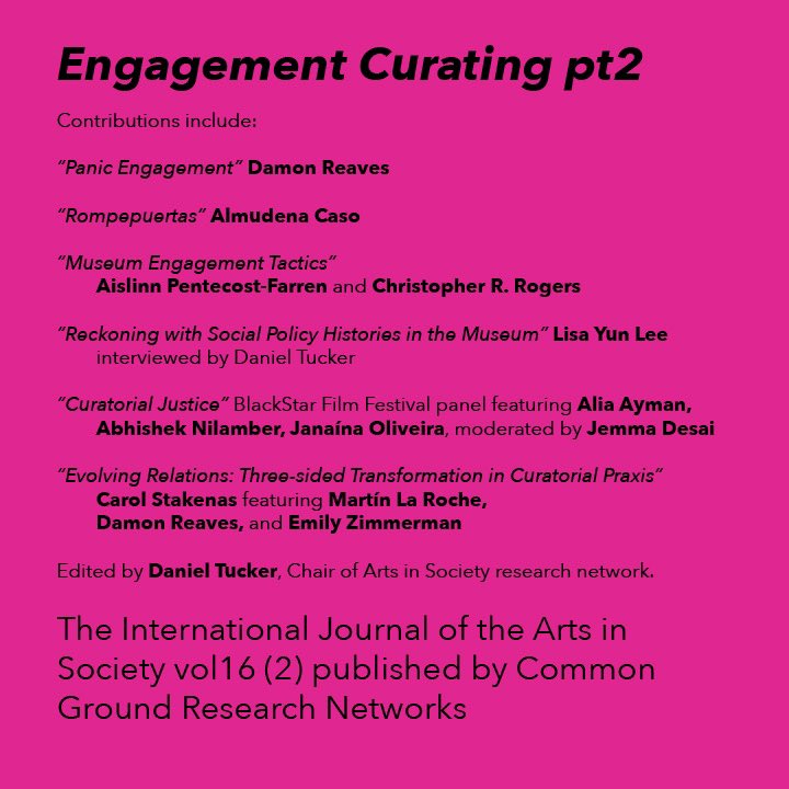 Miscprojects's tweet image. I am so pleased to share the 2nd part to the Engagement Curating issue of The International Journal of the Arts in Society.

cgscholar.com/bookstore/work…