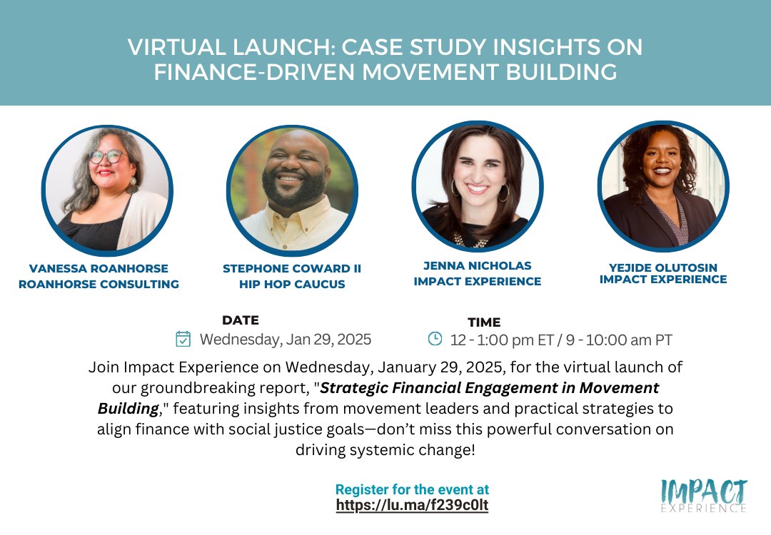 🚨 Save the Date! 🚨 Join us on January 29, 2025, at noon ET | 9 AM PT for the virtual launch of our case study report: Insights from movement leaders on aligning finance with racial equity, climate justice, and more!👉 Register: lu.ma/f239c0lt
#FinanceForGood