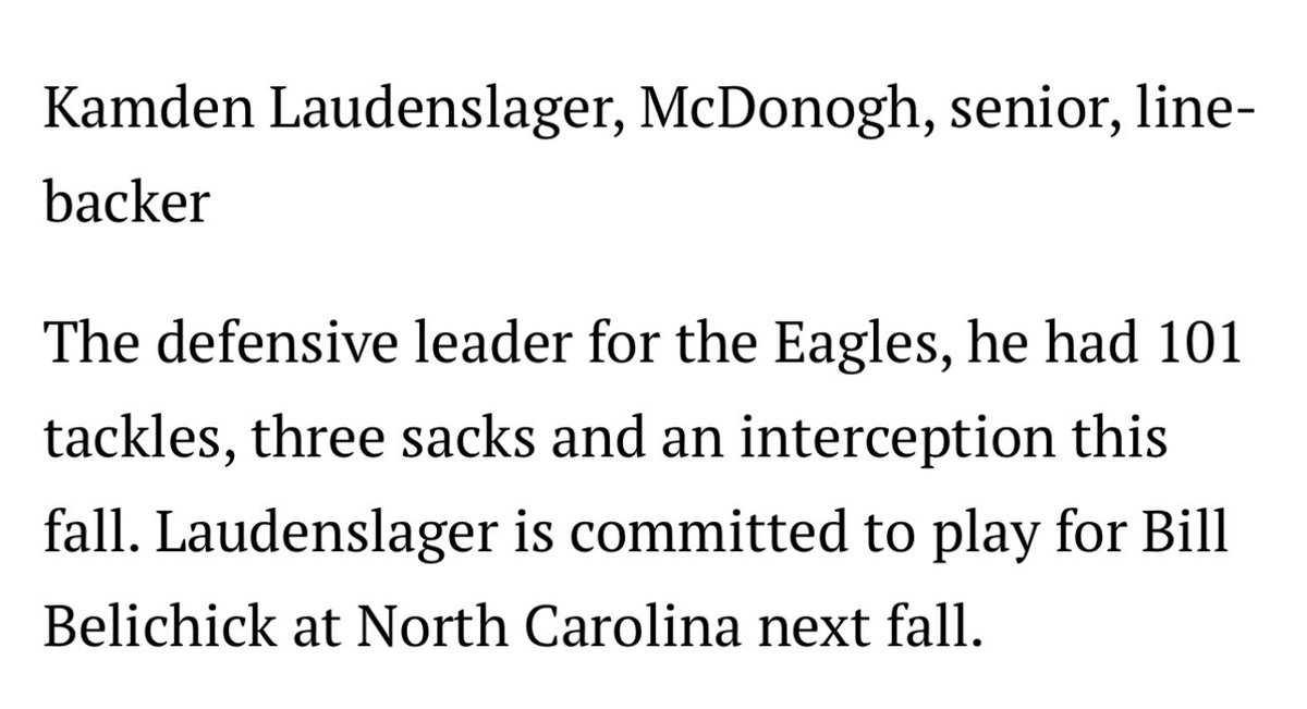 Kamden Laudenslager (@kamden2025) on Twitter photo Thank you <a href="/BaltSunSports/">Baltimore Sun Sports</a> for selecting me to the First Team All Metro Baltimore Sun Defensive Team. 2x recipient. Last season First Team as a Defensive End and this year First Team as a Middle Linebacker 🙏
baltimoresun.com/2024/12/19/all… Thank you <a href="/BaltSunSports/">Baltimore Sun Sports</a> for selecting me to the First Team All Metro Baltimore Sun Defensive Team. 2x recipient. Last season First Team as a Defensive End and this year First Team as a Middle Linebacker 🙏
baltimoresun.com/2024/12/19/all…
