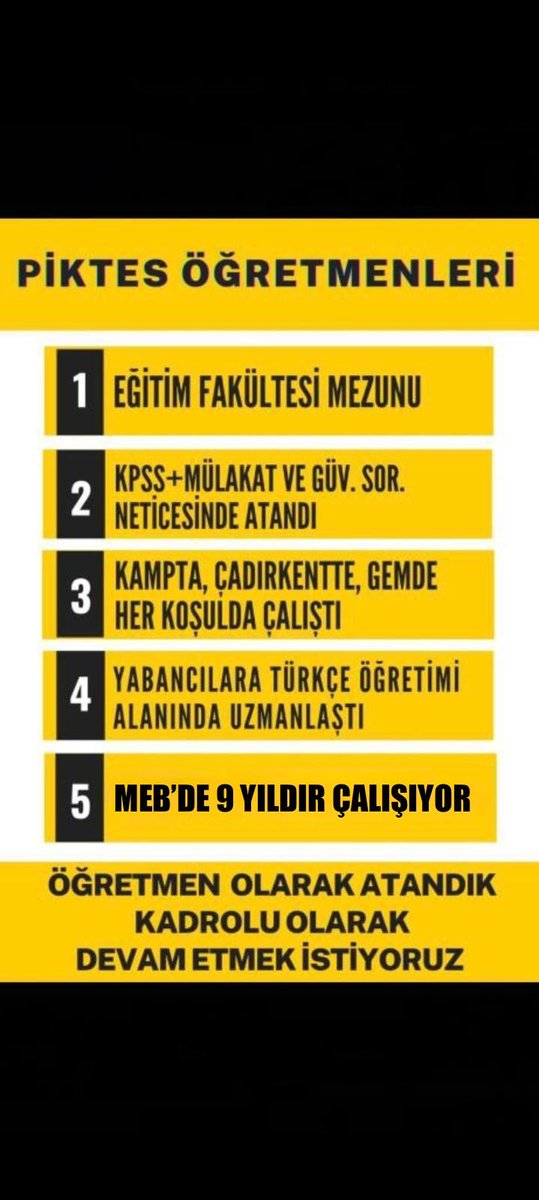 9 yıldır aynı bakanlığa bağlı meslektaşlarımızla aynı görevi  üstlenen, aynı öğretmenler odasını paylaşan; yabancı uyruklu öğrencilerin ülkemize entegrasyonu ve dilimizi öğretme görevini yerine getiren PİKTES öğretmenleri olarak kadro istiyoruz. 
#PiktesDokuzYaşında

<a href="/RTErdogan/">Recep Tayyip Erdoğan</a>