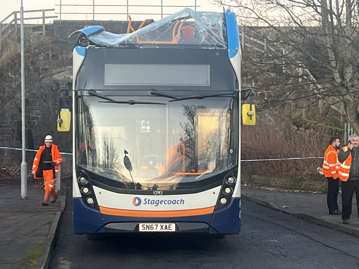 KatieHunterBBC's tweet photo. Second time a double decker bus has hit a low bridge in Scotland in a week. This time in Kilmarnock. Ambulance service says four people taken to hospital. Eyewitnesses say their injuries aren’t thought to be serious. https://t.co/a4s3qy0o62