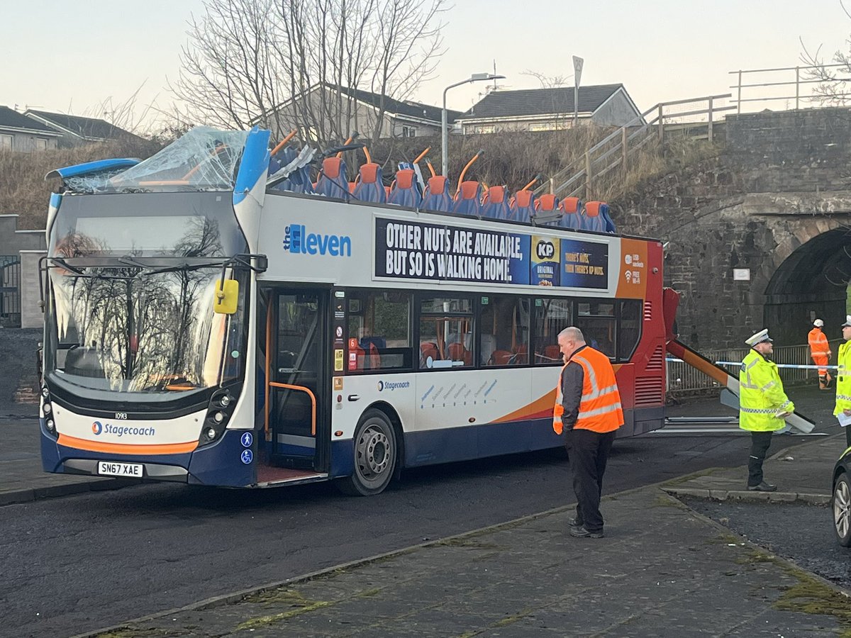 KatieHunterBBC's tweet photo. Second time a double decker bus has hit a low bridge in Scotland in a week. This time in Kilmarnock. Ambulance service says four people taken to hospital. Eyewitnesses say their injuries aren’t thought to be serious. https://t.co/a4s3qy0o62