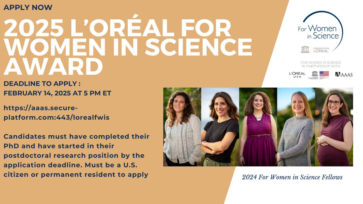 The L’Oréal USA For Women in Science program is seeking five exceptional women scientists to advance their research and serve as role models for the next generation of girls in STEM. You could win $75,000 to advance your career and research! Apply Now: aaas.secure-platform.com/lorealfwis