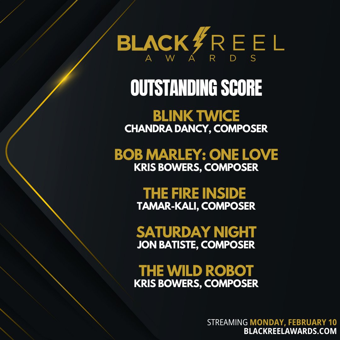 🎼✨ The Nominees for Outstanding Score Are Here! ✨🎼

This year’s composers have delivered unforgettable melodies and stirring soundtracks. Congratulations to the nominees:

🎶 Blink Twice | Chanda Dancy
🎶 Bob Marley: One Love | Kris Bowers
🎶 The Fire Inside | Tamar-kali
🎶