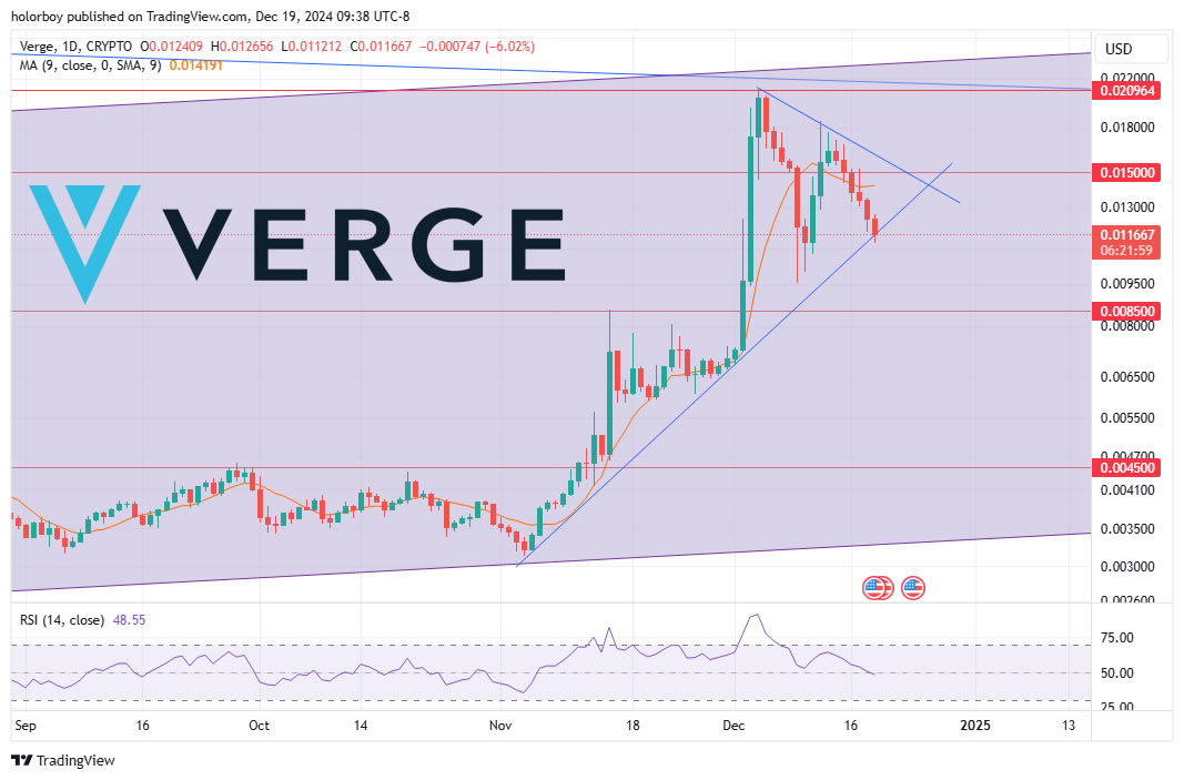 The corrective candlestick has hit the uptrend line. If this line blocks the red candles. The flag pattern is complete and the probability of crossing 0.02 increases.
And if the red candles win, there is a possibility of a return to the 0.0045 range.
#VergeFam 
#XVG $XVG