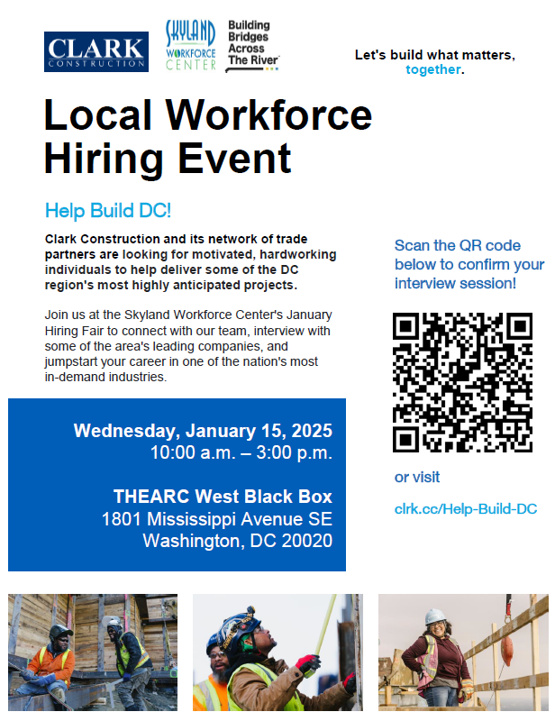 CMRobertWhiteDC's tweet photo. ๐จMark your calendar!
On January 15, 2025 @ClarkBuilds and @SkylandDC Workforce Center are hosting a #HiringFair for OSHA 30-certified craft workers at @IAMTHEARC in DC. Meet trade contractors from local projects like @CapitalOneArena and more.
#DCConstruction #GetHired https://t.co/avWQnqZgqS