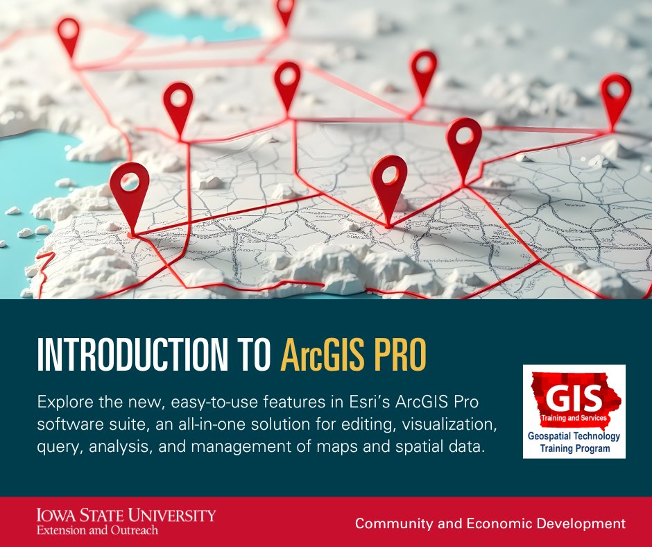 ISU_Geospatial's tweet image. Register for our 2025 Intro to ArcGIS Pro Workshops 👉 bit.ly/GISCourses 
Open to both new and experienced users!
📌 Jan. 16-17 
📌 March 13-14
📌 August 19-20
📌 October 1-2 
#StrongIowa #GIS #ArcGIS #Mapping #Data #DataVisualization #workshop #register