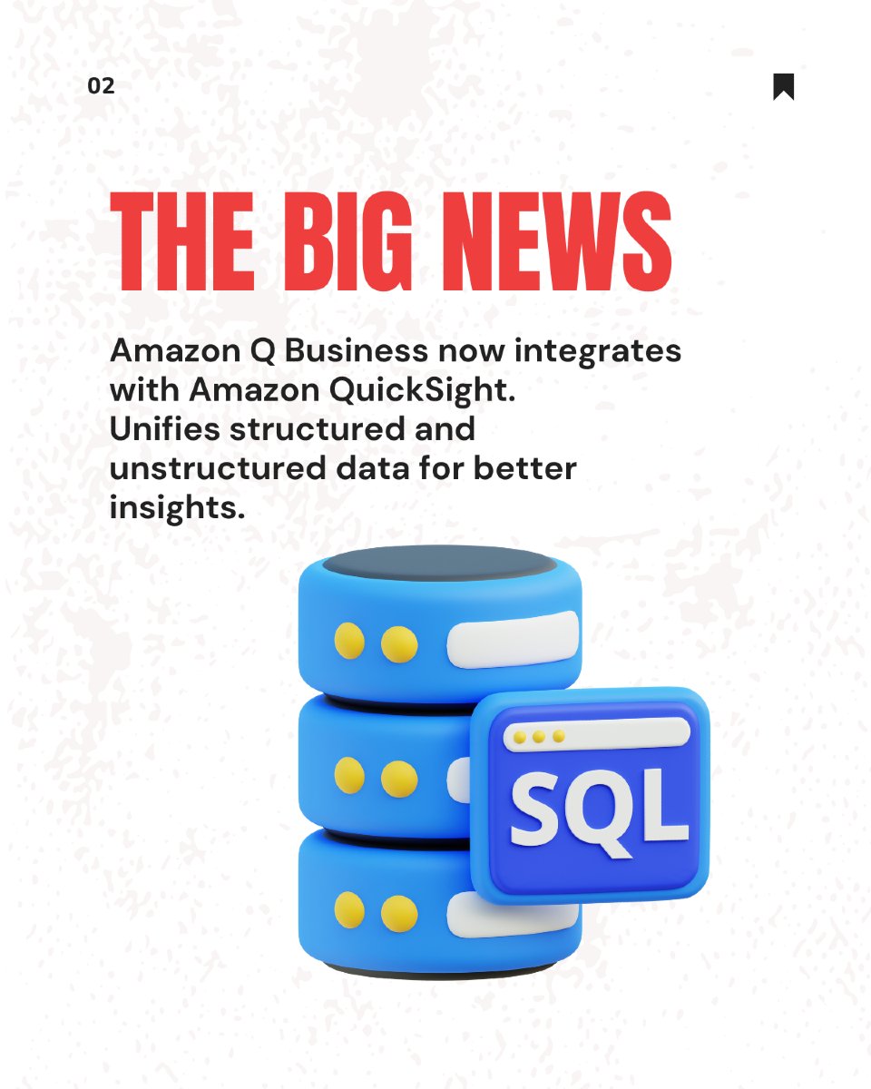TrackItCloud's tweet image. Amazon Q Business now integrates with Amazon QuickSight!
Unify structured and unstructured data for smarter, faster decisions. Get real-time insights from documents, dashboards, and more—all in one app.
#AmazonQBusiness #QuickSight #AWSIntegration #DataAnalytics #GenerativeAI