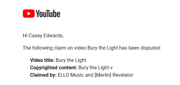 ComposerCasey's tweet image. A nice EoTY cherry on top-false claims still trying to take down Bury the Light off of YouTube. Hey @YouTube, I have proof these scammers don't own any rights. Don't make me wait 30 days for a human to review this garbage.